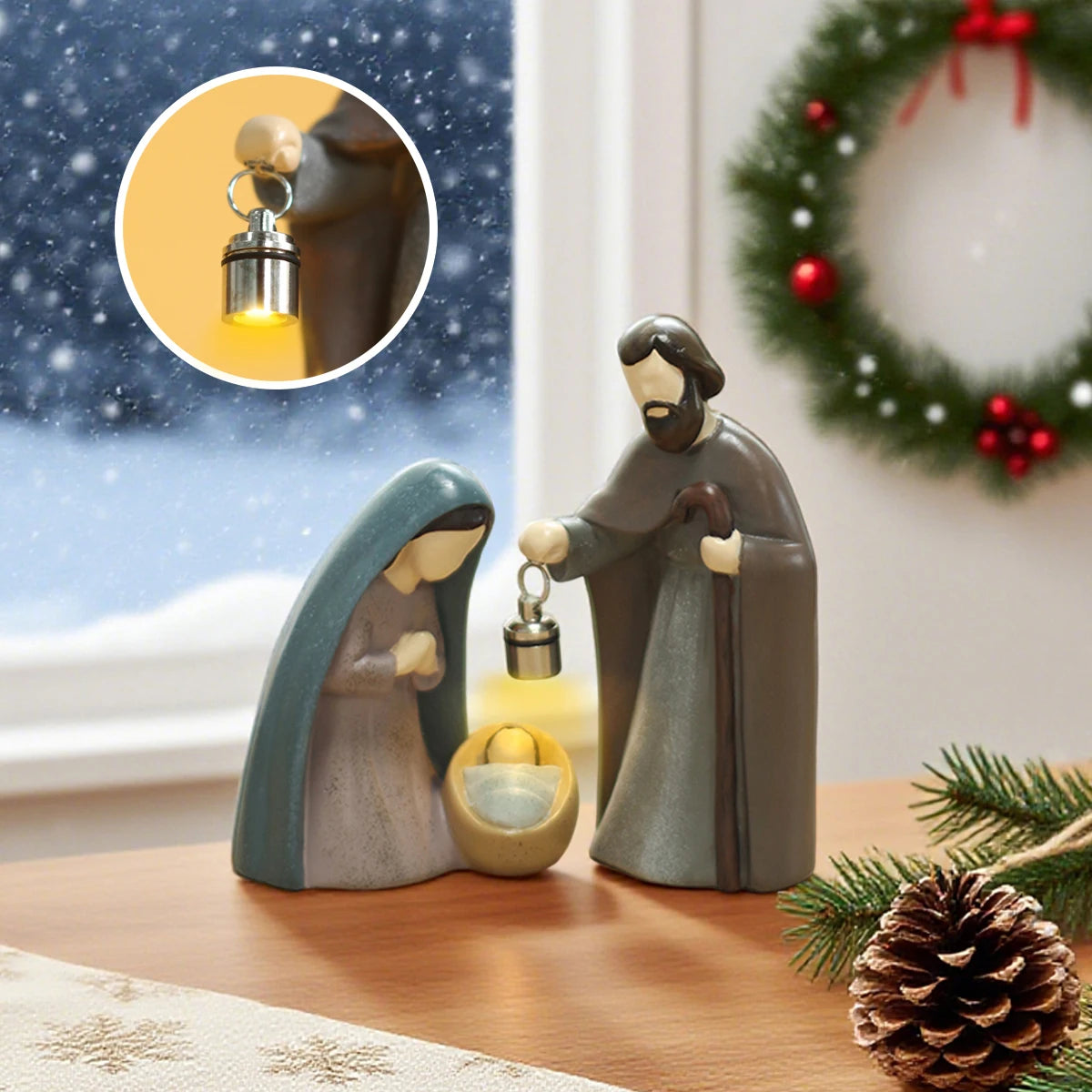 2-pCS Christmas Nativity Scene Ornament, Luminous Handheld Lamp, Rotary Switch, Resin Crafts