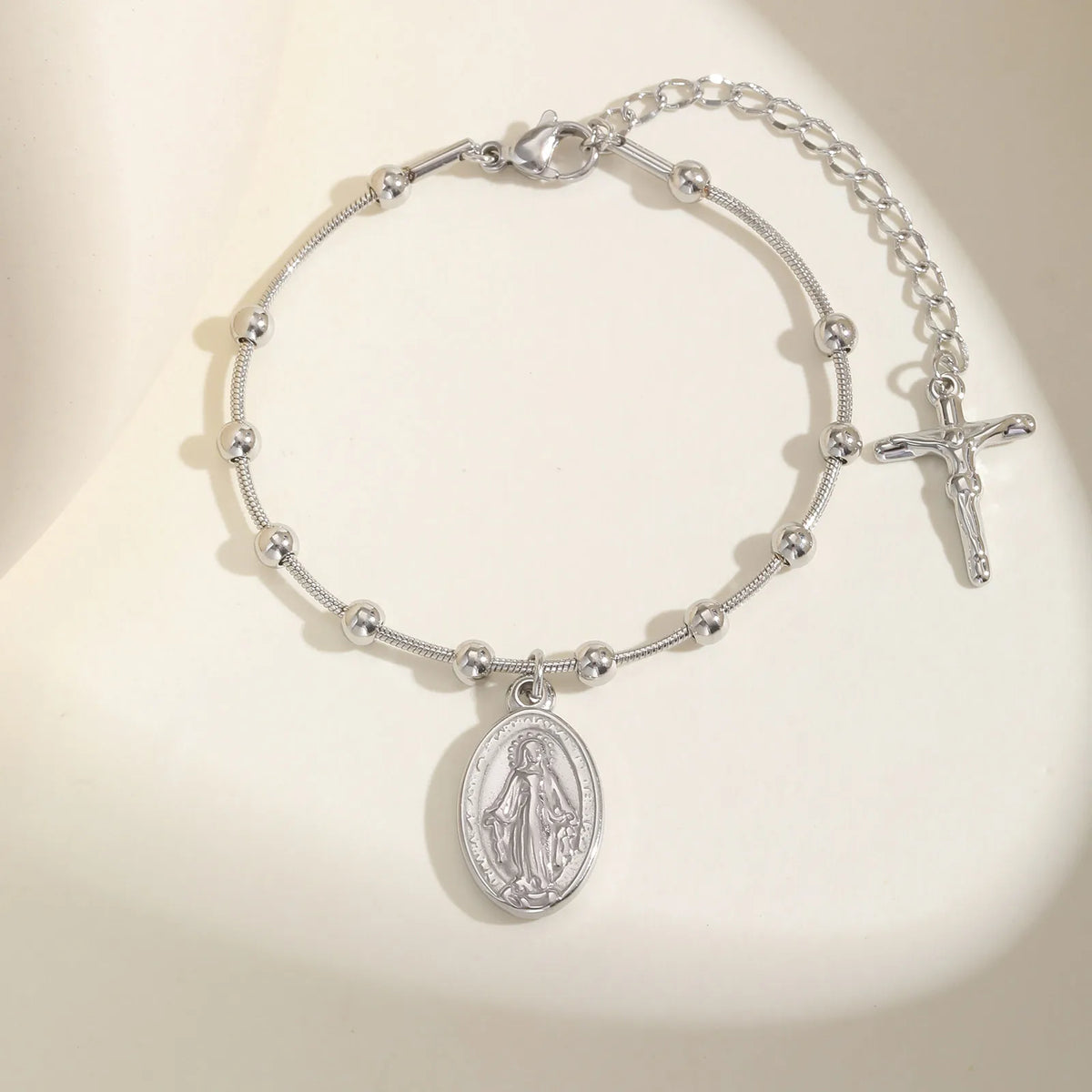 Bracelet Chapelet Double Chaîne – Médaille Vierge Marie & Croix