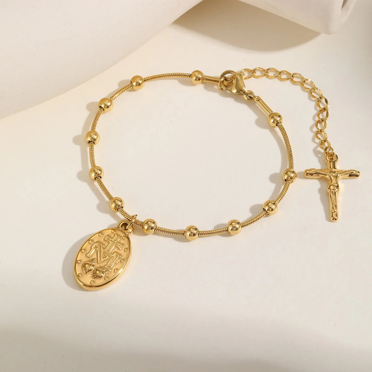 Bracelet Chapelet Double Chaîne – Médaille Vierge Marie & Croix