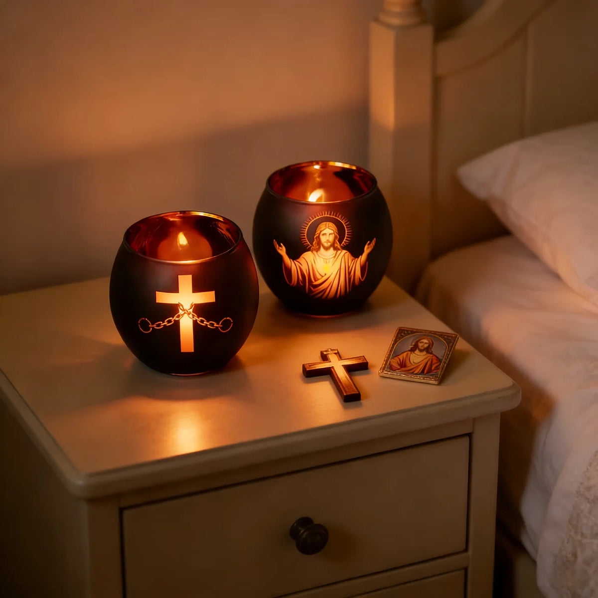 Lot de 2 Photophores en Verre Noir – Jésus et Croix Lumineux