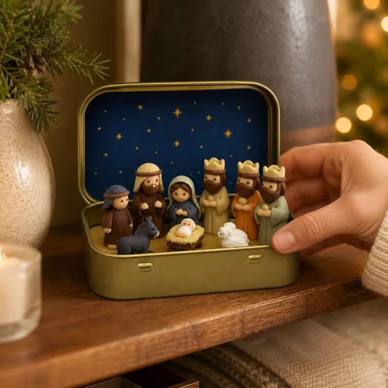 Mini Crèche de Noël dans sa Boîte en Métal – Nativité de Poche