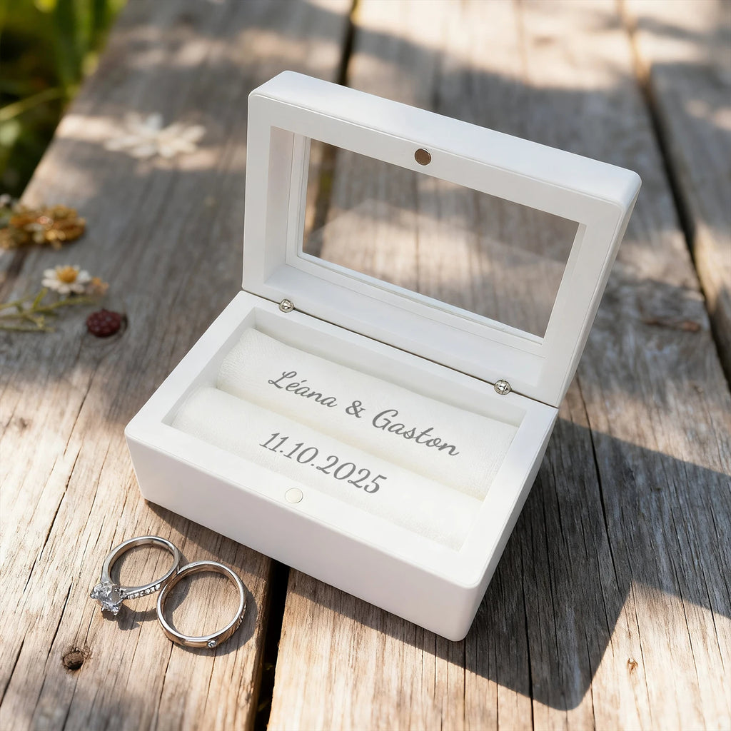 Coffret à Alliances Blanc avec Fenêtre – Prénoms & Date Gravés