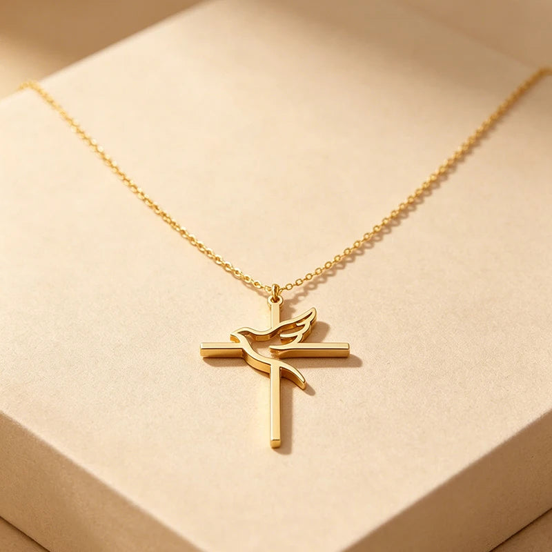 Collier Croix et Colombe de la Paix – Acier Inoxydable Doré ou Argenté