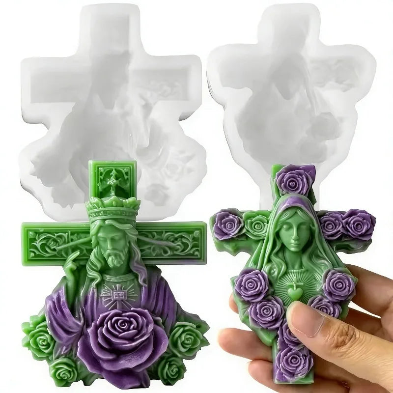 Moule en Silicone Croix et Vierge Marie aux Roses – Bougie, Savon, Plâtre