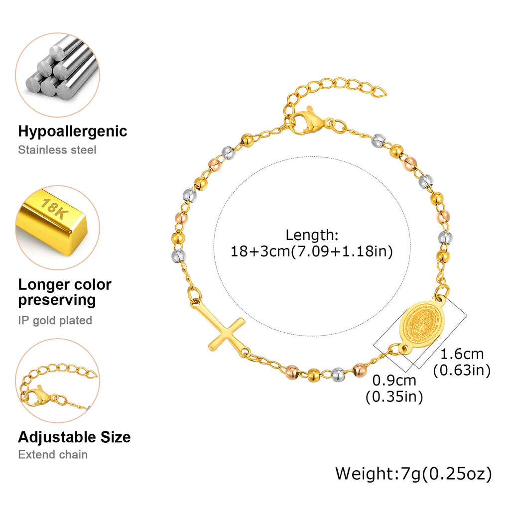 Bracelet Fin Croix & Médaille Vierge Marie – Acier Inoxydable
