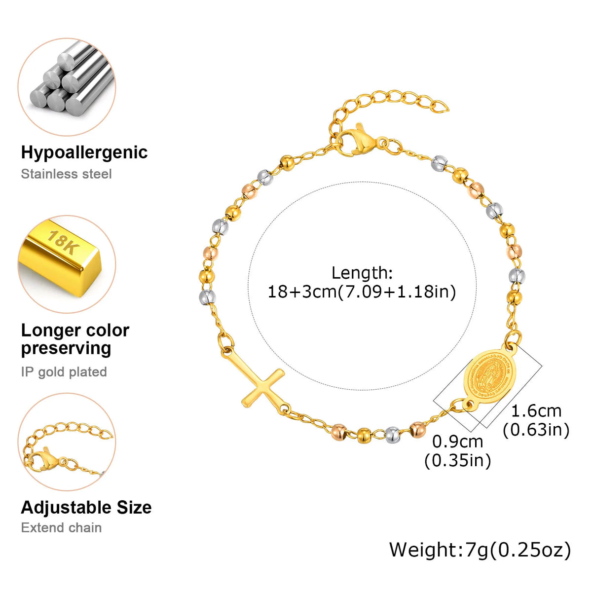 Bracelet Fin Croix & Médaille Vierge Marie – Acier Inoxydable