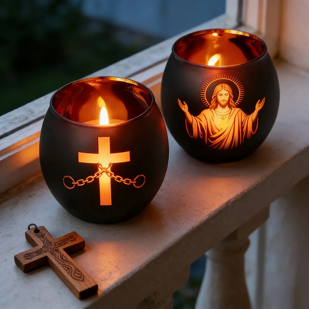 Lot de 2 Photophores en Verre Noir – Jésus et Croix Lumineux