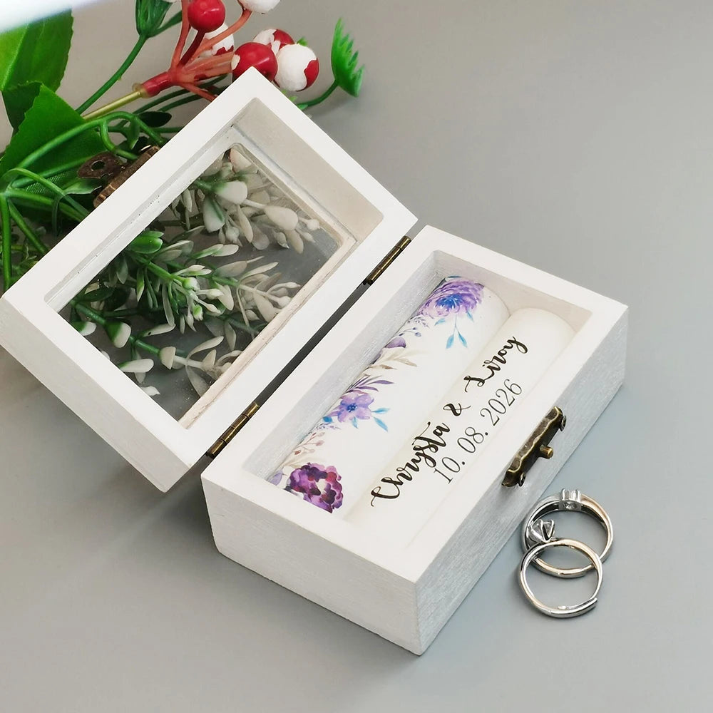 Boîte à Alliances en Bois Blanc Personnalisée – Prénoms & Date de Mariage