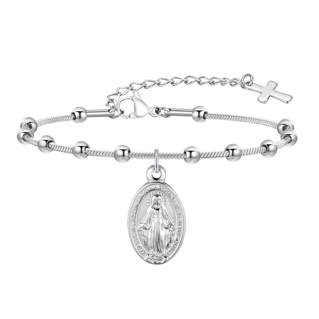 Bracelet Chapelet Médaille Vierge Marie – Acier, Ajustable 16 à 21 cm