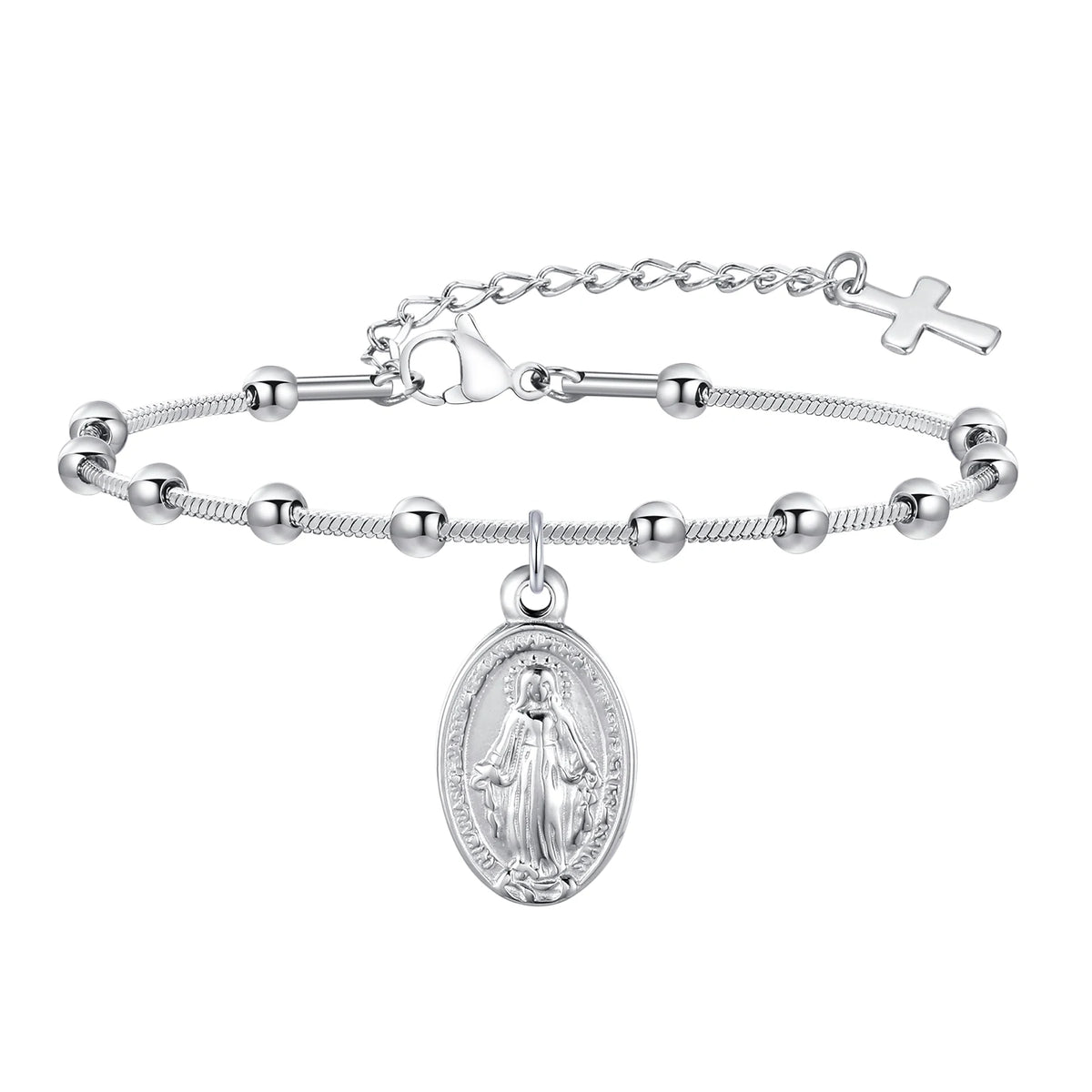 Bracelet Chapelet Médaille Vierge Marie – Acier, Ajustable 16 à 21 cm