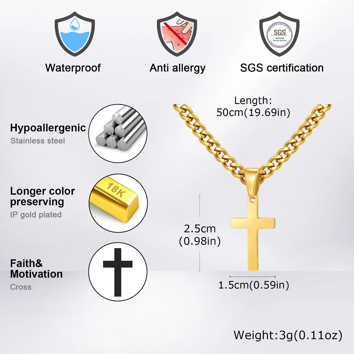 Collier Croix Homme en Acier – Chaîne Gourmette 50 cm