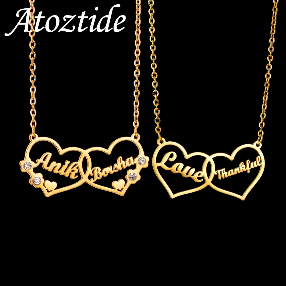 Collier Personnalisé 2 Prénoms – Cœur en Zircon, Acier Inoxydable