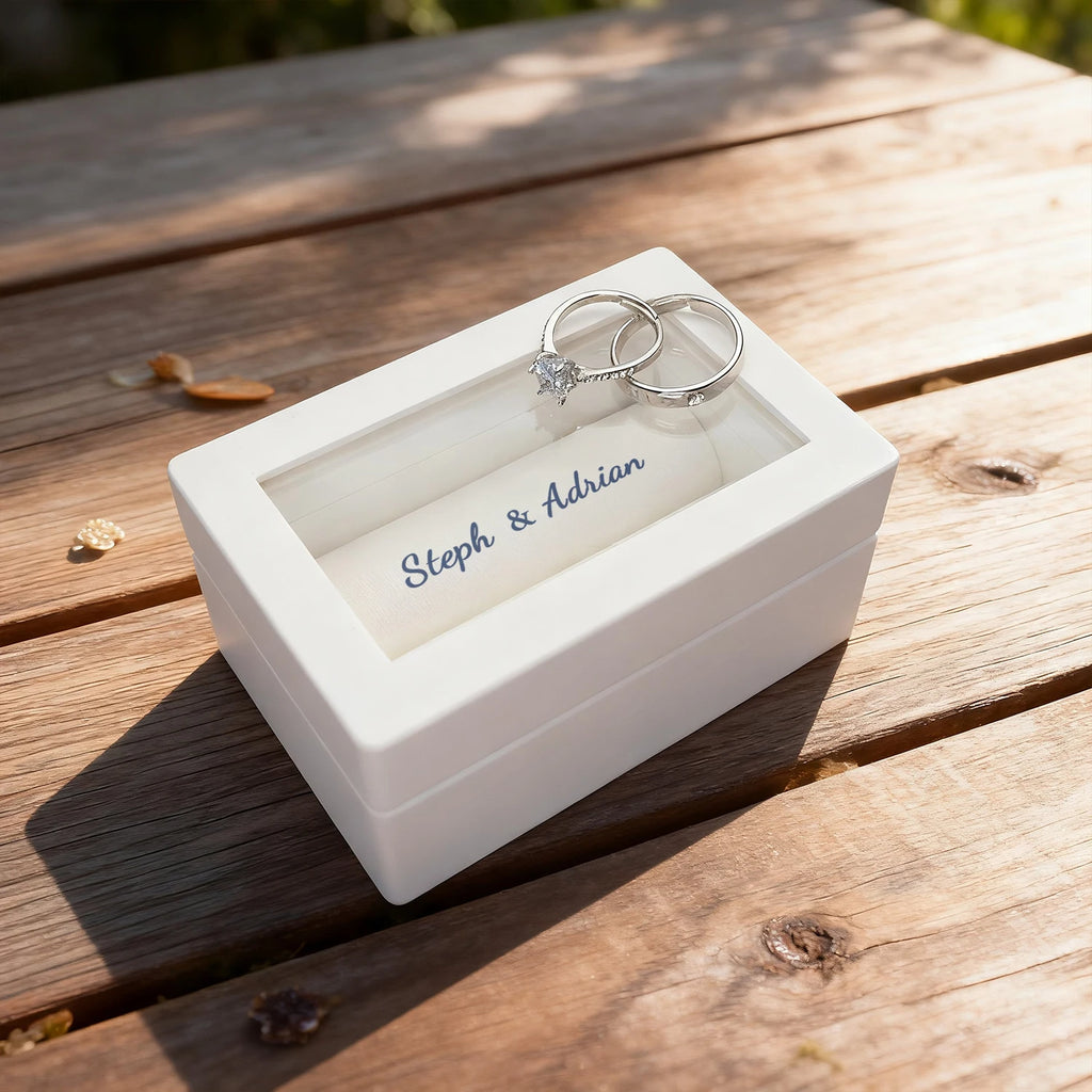 Coffret à Alliances Blanc avec Fenêtre – Prénoms & Date Gravés