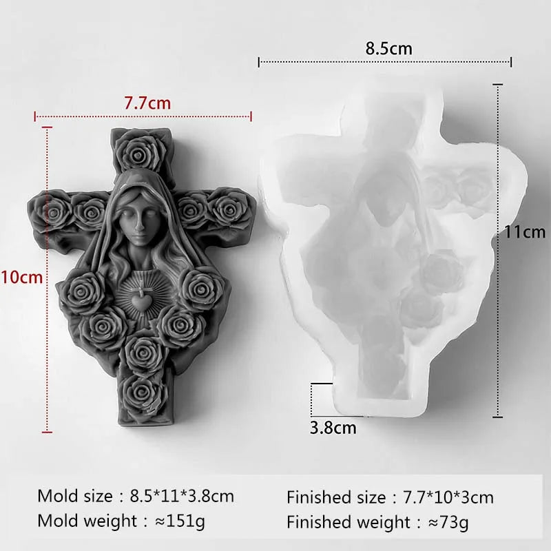Moule en Silicone Croix et Vierge Marie aux Roses – Bougie, Savon, Plâtre