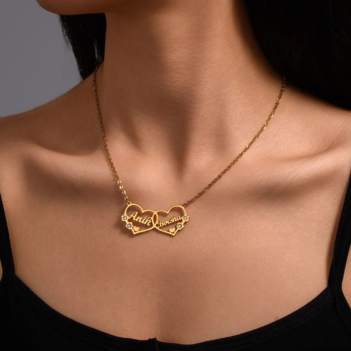 Collier Personnalisé 2 Prénoms – Cœur en Zircon, Acier Inoxydable