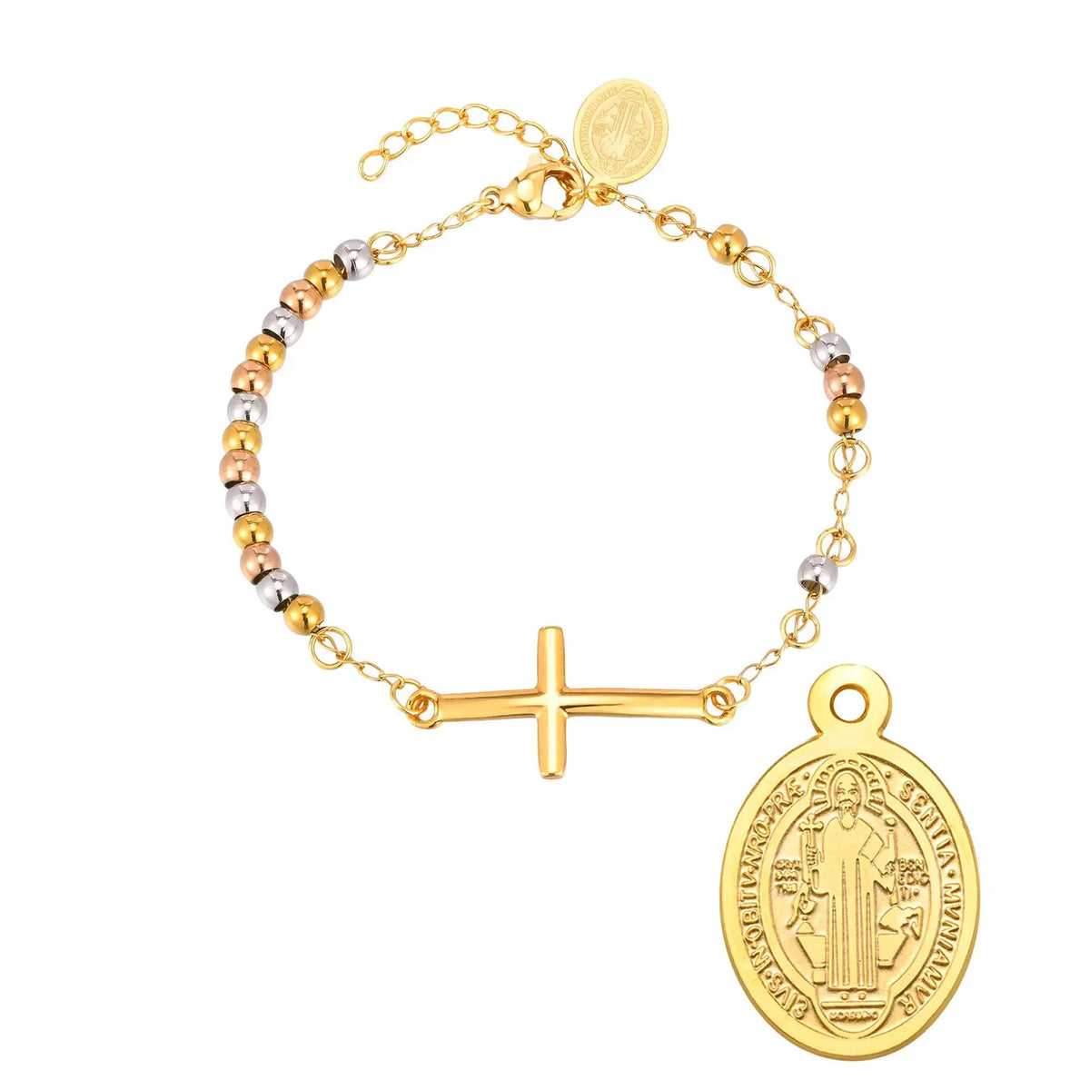 Bracelet Croix & Médaille – Perles Dorées ou Tricolores