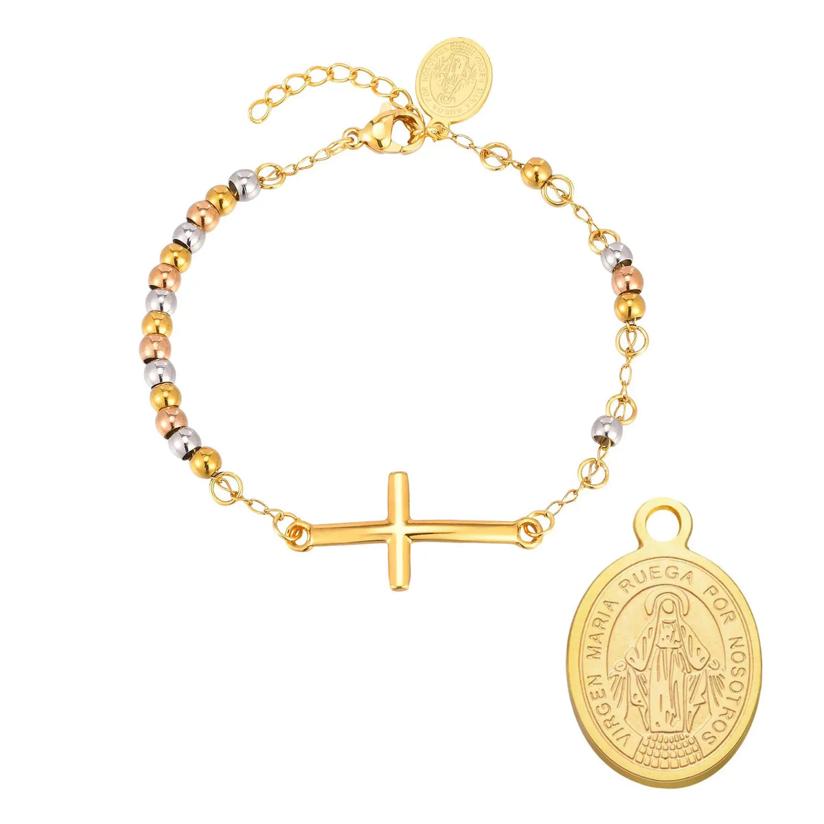 Bracelet Croix & Médaille – Perles Dorées ou Tricolores