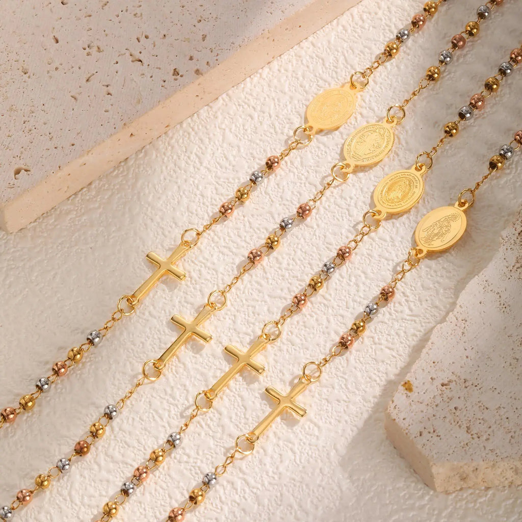 Bracelet Fin Croix & Médaille Vierge Marie – Acier Inoxydable