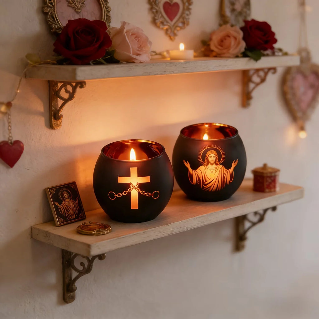 Lot de 2 Photophores en Verre Noir – Jésus et Croix Lumineux